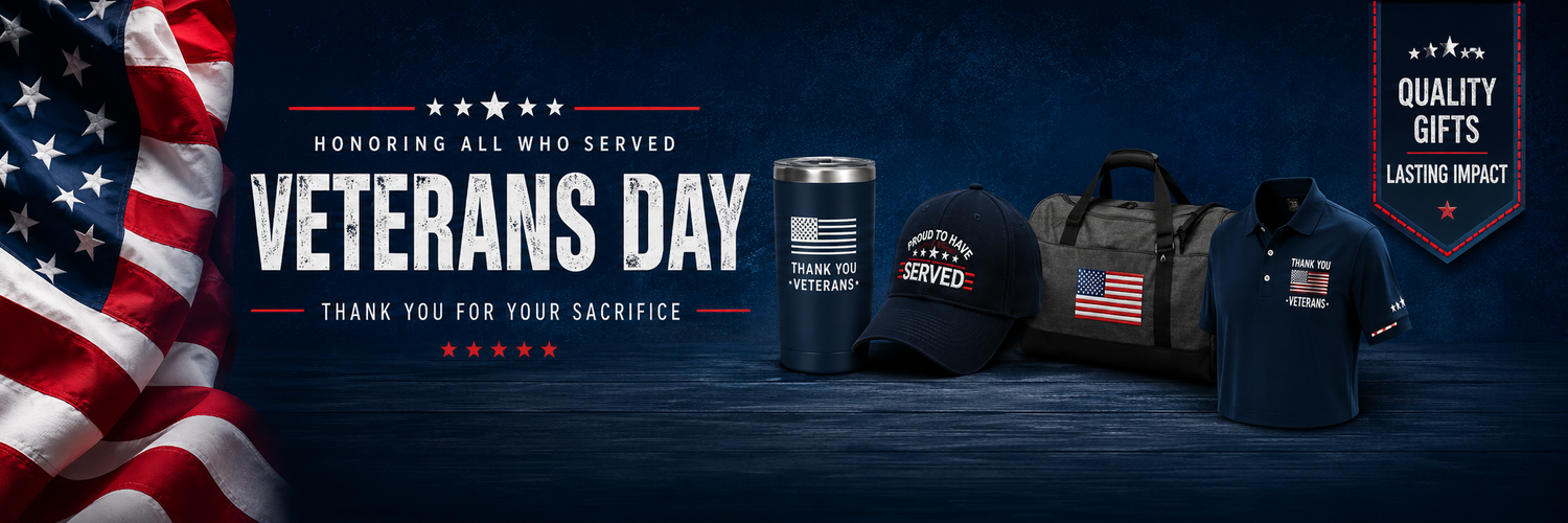 Veterans Day promotional gifts including custom tumblers, caps, duffel bags and polo shirts