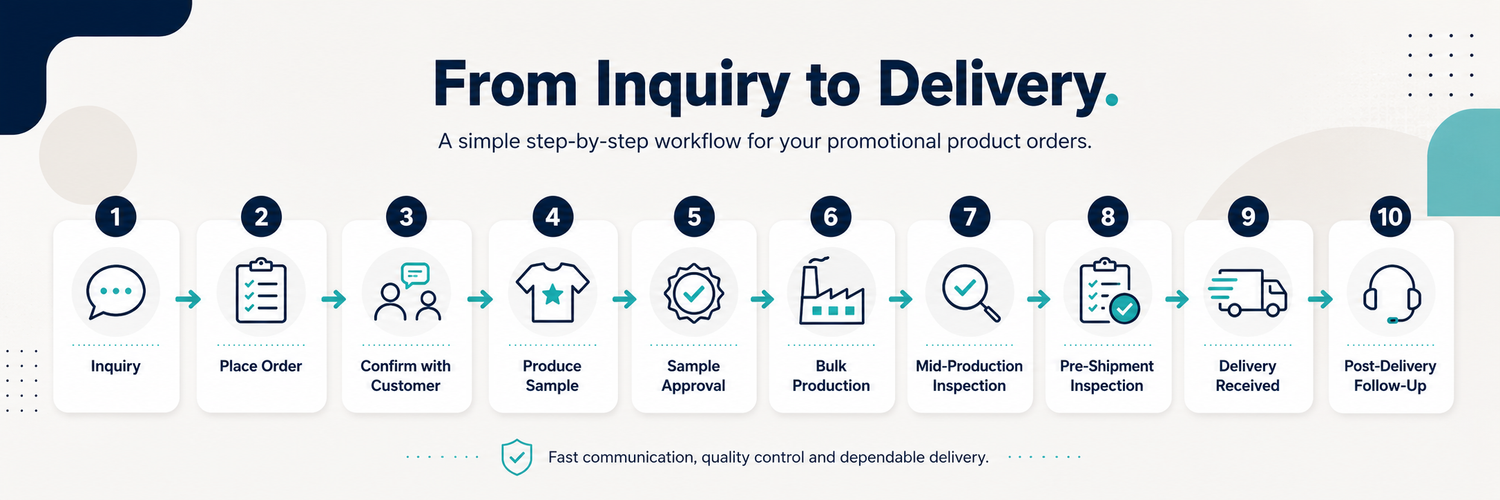 Promotional product order process from inquiry and sample approval through production, inspection and delivery